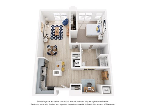 A floor plan of a 1 bedroom apartment with a kitchen, living room, den and bathroom.